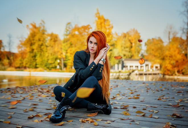 women, Dana Bounty, redhead, sitting, long hair, leaves, black clothing, wooden surface, women outdoors