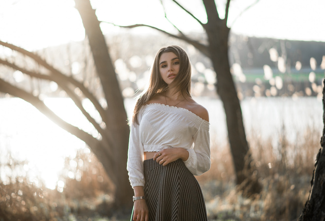 women, portrait, bare shoulders, skirt, trees, women outdoors