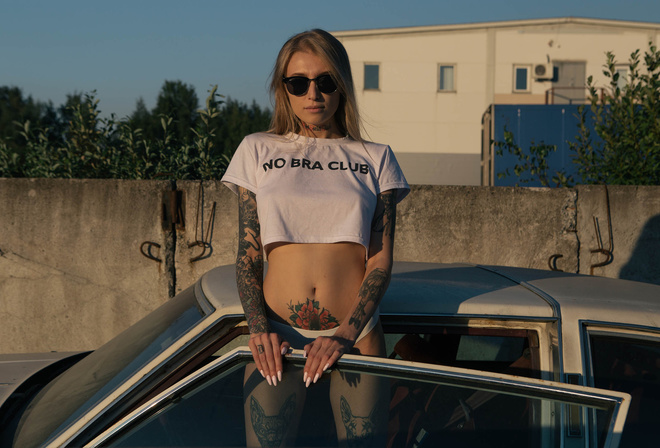 women, blonde, tattoo, women with cars, sunglasses, belly, women outdoors, crop top, white panties, portrait, painted nails