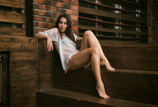 women, sitting, stairs, portrait, see-through clothing, window, tattoo, ass, painted nails, bricks
