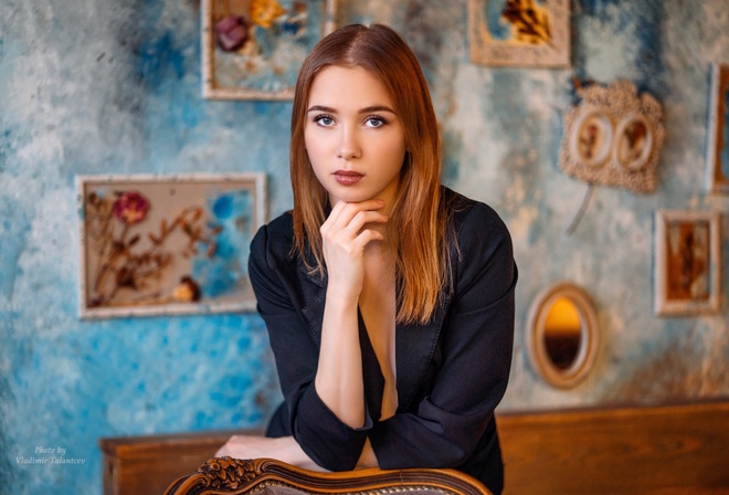 women, portrait, blue eyes, painted nails, wall, black clothing