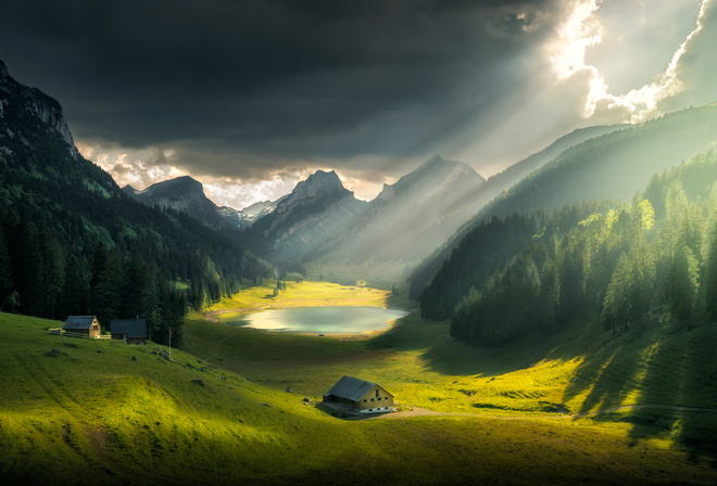 Ilhan Eroglu, природа, пейзаж, Швейцария, горы, холмы, долина, луга, озеро, леса, дома, небо, облака, свет, лучи