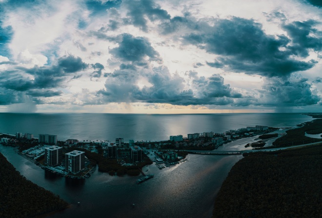 island, city, aerial view, clouds, sea, ocean