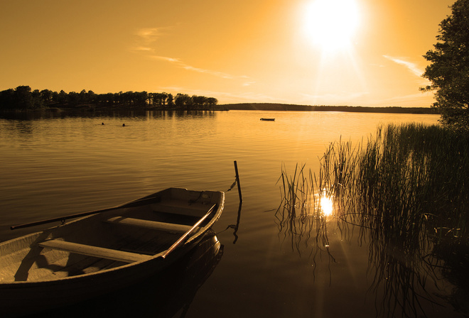 sunset, nature, lake, boat
