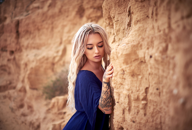 women, blonde, tattoo, long hair, blue dress, portrait