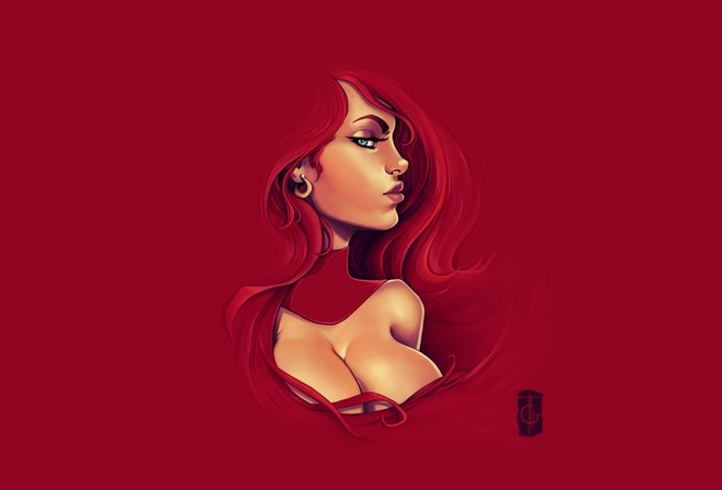 women, artwork, red background