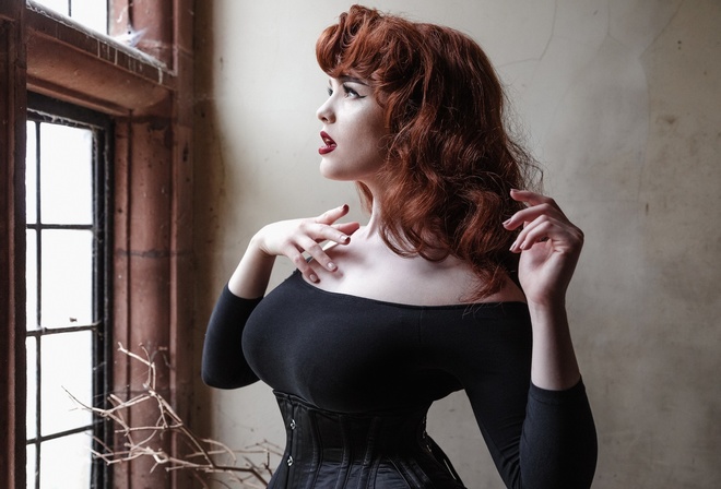 Miss Deadly Red, redhead, women, model, window, corset