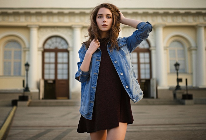 women, Ksenia Kokoreva, dress, women outdoors, denim, portrait