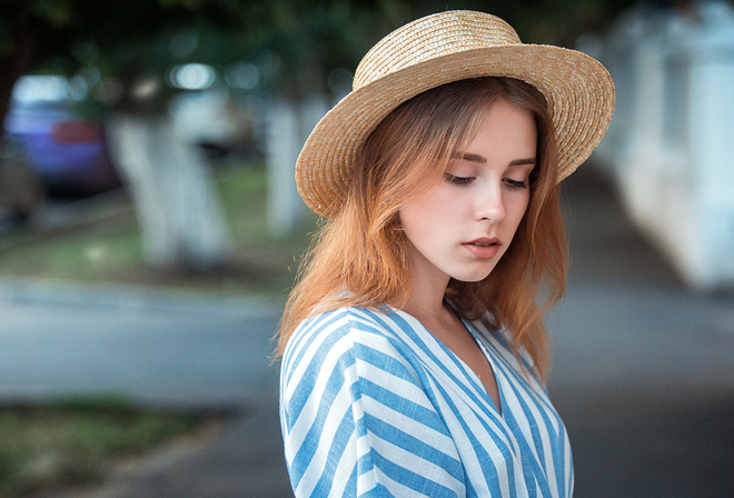 women, hat, portrait, women outdoors, bokeh, trees