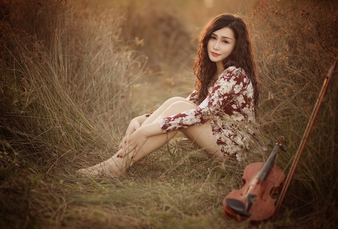 Азиатская девушка, взгляд, скрипка, музыка