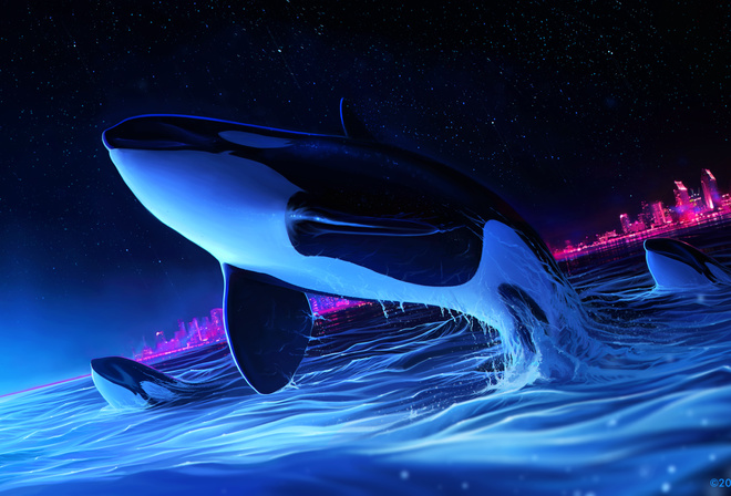 Dolphin, Night, Orca, Whale, Digital Art