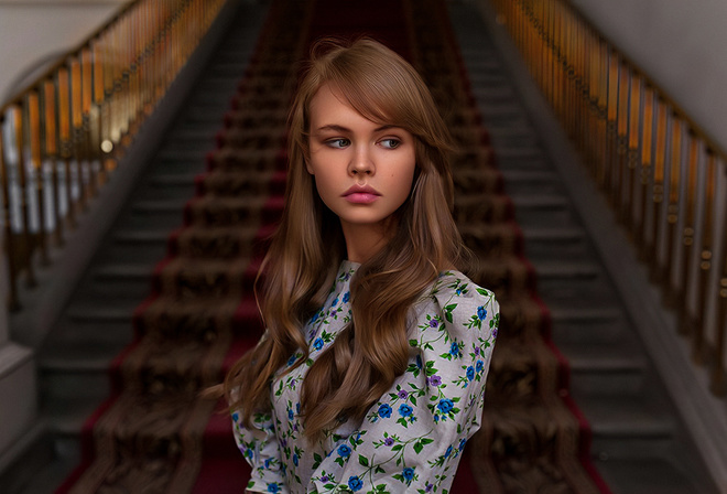 Anastasia Scheglova, portrait, stairs, blonde, pink lipstick, looking away, women