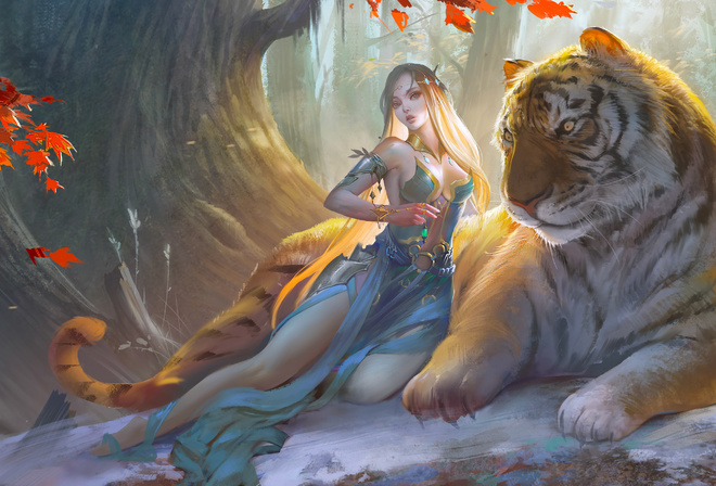 Fantasy Girl, With, Tiger