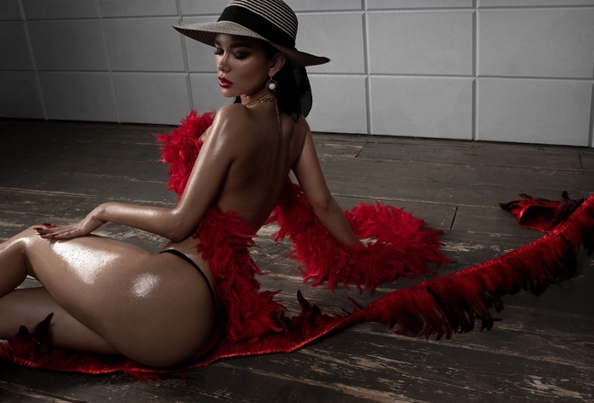 women, ass, sitting, red lipstick, hat, black panties, brunette, on the floor, feathers