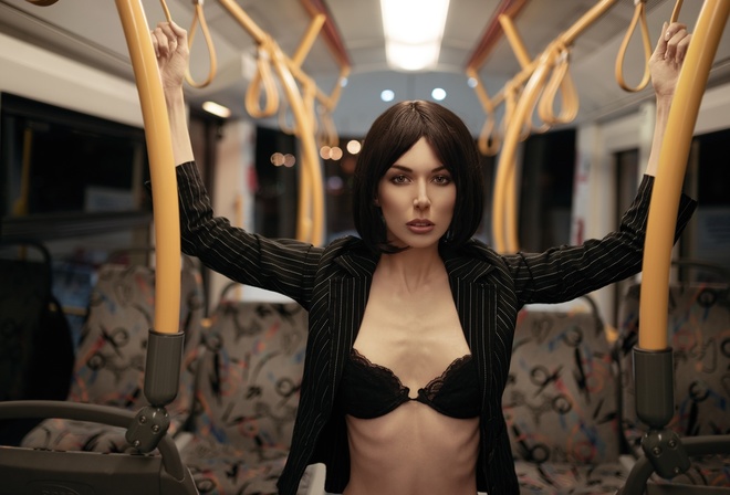 women, black bras, portrait, ribs, buses, skinny