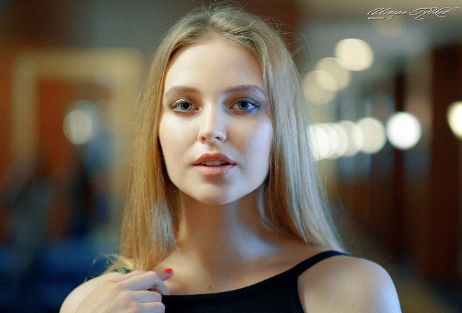 women, blonde, red nails, portrait, bare shoulders, bokeh