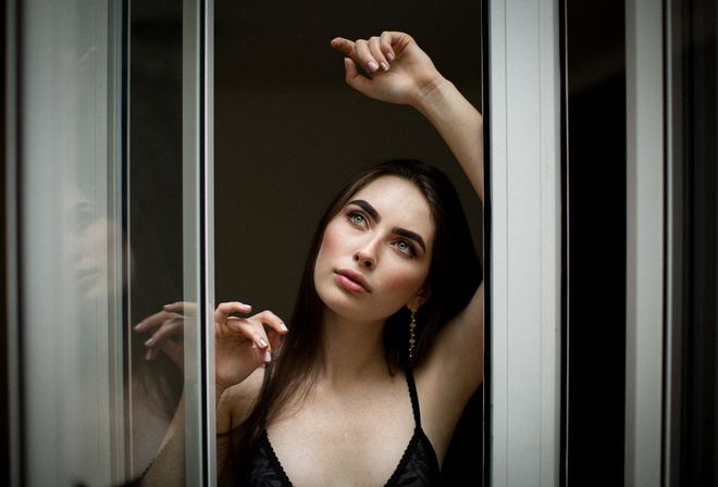 women, portrait, pink nails, black bras, pink lipstick, looking away