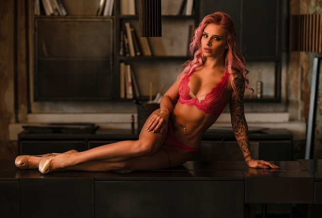 women, pink hair, pink lingerie, brunette, nose ring, high heels, tattoo, portrait, pierced navel, pink lipstick