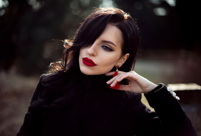 women, red lipstick, bokeh, eyeliner, face, portrait, coats, make up