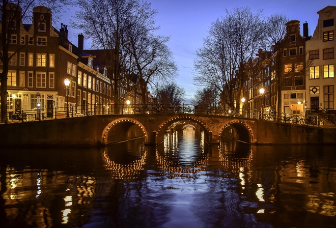 Голландия, Нидерланды, город, Амстердам, река, канал, мост, здания, дома, вечер, освещение