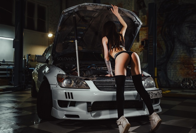 women, Artem Solovev, Garage, knee-highs, sneakers, women with cars, ass, tattoo, sportswear, black stockings