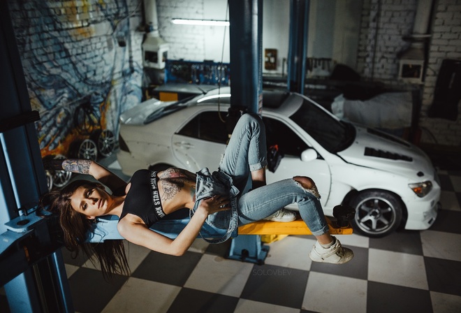 women, Artem Solovev, Garage, sneakers, women with cars, overalls, torn clothes, ribs, Black top