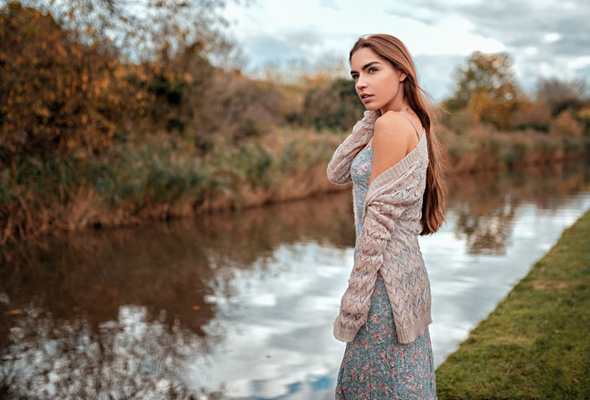 women, portrait, dress, river, looking away, reflection, tattoo, long hair, women outdoors