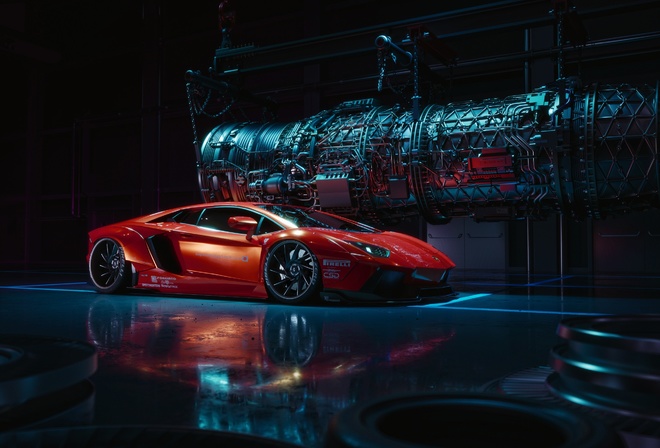 Lamborghini, Aventador, Digital Art, Red, Side View, Supercars