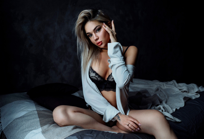 women, brunette, mattresses, red lipstick, black lingerie, white shirt, eyeliner, tattoo, choker, sitting