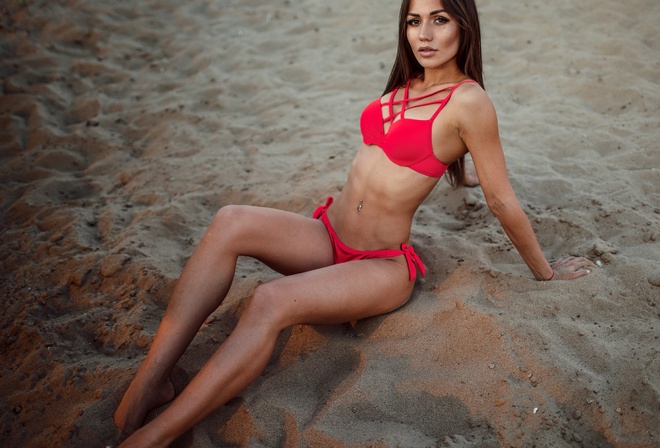 women, sand, sitting, skinny, belly, ribs, pierced navel, long hair, women outdoors, brunette, red bikini