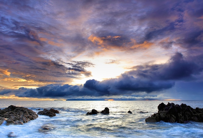 Ocean, Rocks, Sunset, Clouds, Horizon, Waves, Foam