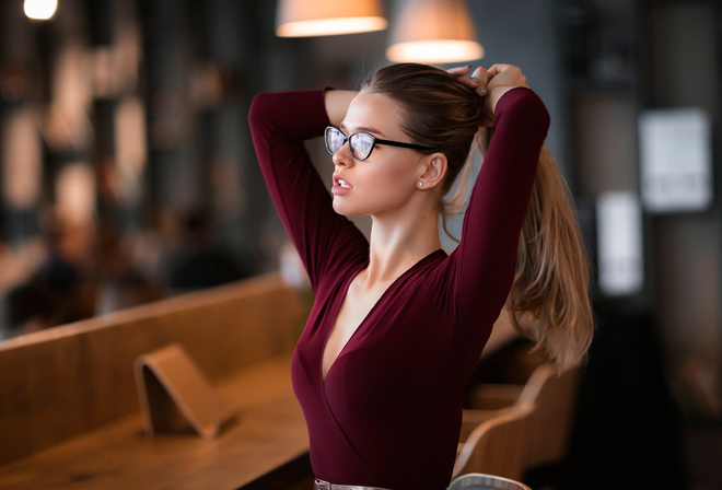 women, portrait, sitting, dress, lamp, looking away, cleavage, women with glasses, belt, blonde