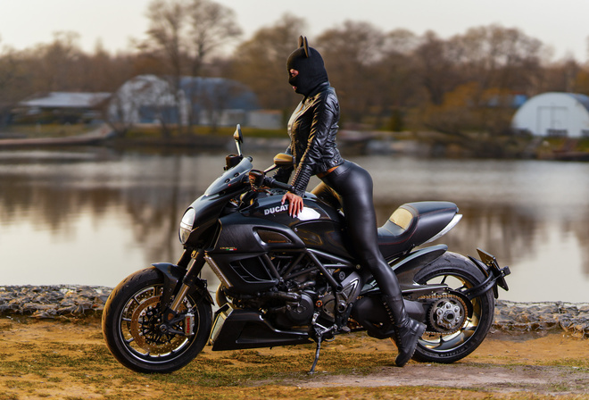 women, leggings, shoes, leather jackets, Ducati, black clothing, women with motorcycles, women outdoors, trees, lake, looking away