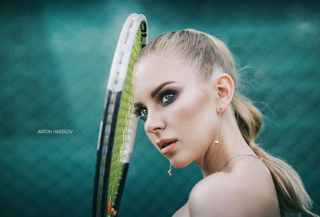 women, blonde, Anton Harisov, tennis rackets, portrait, looking away, sneakers, brunette, women outdoors, bare shoulders