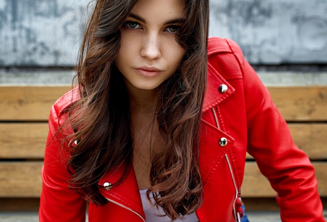 women, face, portrait, leather jackets, green eyes