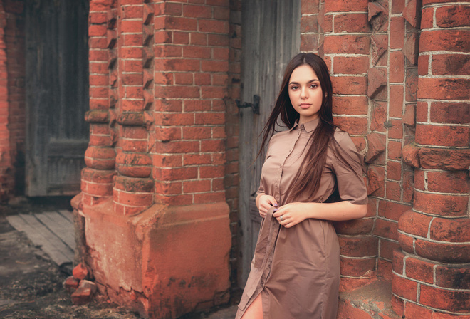 women, dress, straight hair, portrait, bricks, purple nails