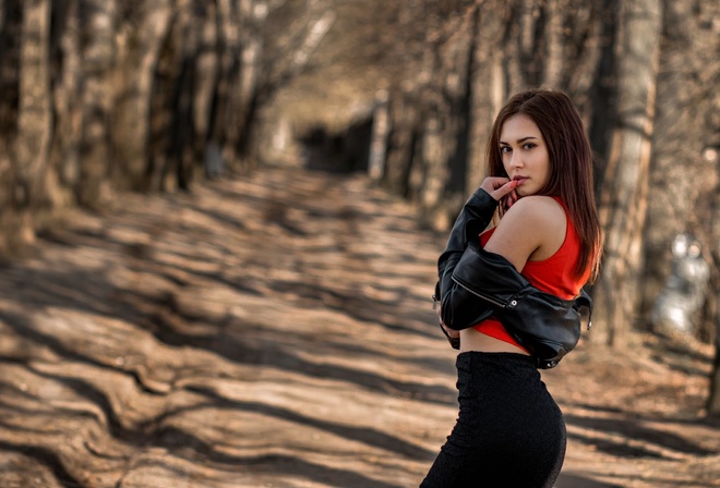 women, trees, skirt, red nails, portrait, leather jackets, depth of field, women outdoors, finger on lips