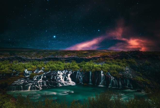 Исландия, природа, пейзаж, водопад, водоём, ночь, небо, звёзды, северное сияние