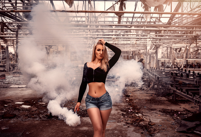 women, blonde, brunette, smoke, belly, red nails, jean shorts, abandoned, ribs