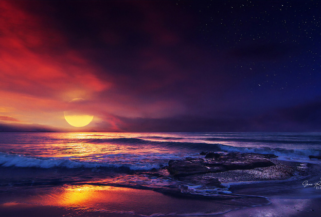 Ocean, Sunset, Illustration