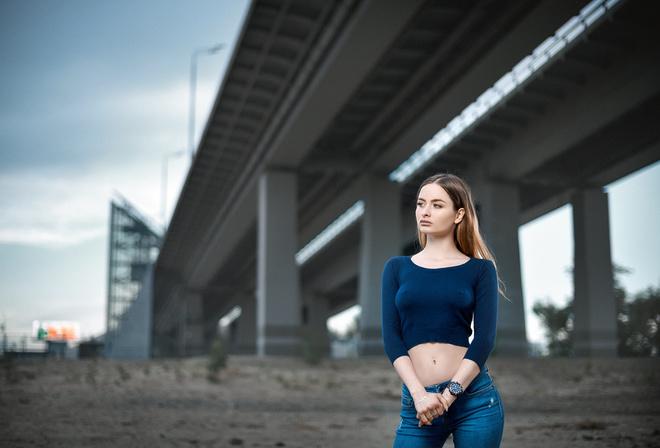 women, nipples through clothing, jeans, looking away, long hair, bridge, women outdoors, belly