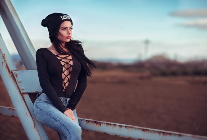 model, portrait, depth of field, looking away, brunette, photography, jeans, blue, black hair, fashion, wind, juicy lips, no bra, spring, hard nipples, sideboob, curvy, Dimitris Konstantinidis, old bridge, Marianna Bafiti, color, girl, beauty, season, lad