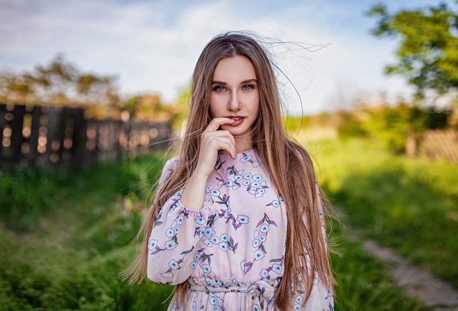 women, Diana Furmanova, dress, women outdoors, long hair, grass, portrait, finger on lips, blue eyes