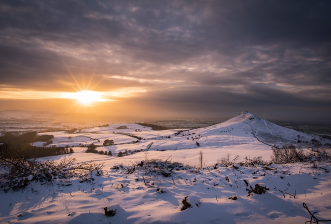 sunset, clouds, field, snow, winter, scenic