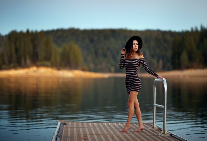 women, hat, lake, women outdoors, dress, looking away, forest, pier, bare shoulders