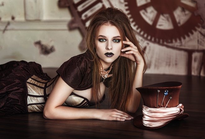 , , , , , , , , , girl, corset, pose, brunette, look, gothic, hair, face, makeup