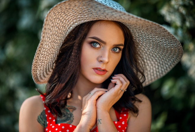 women, red dress, polka dots, women outdoors, tattoo, pierced nose, blue nails, portrait, face, gray eyes, red lipstick, hat