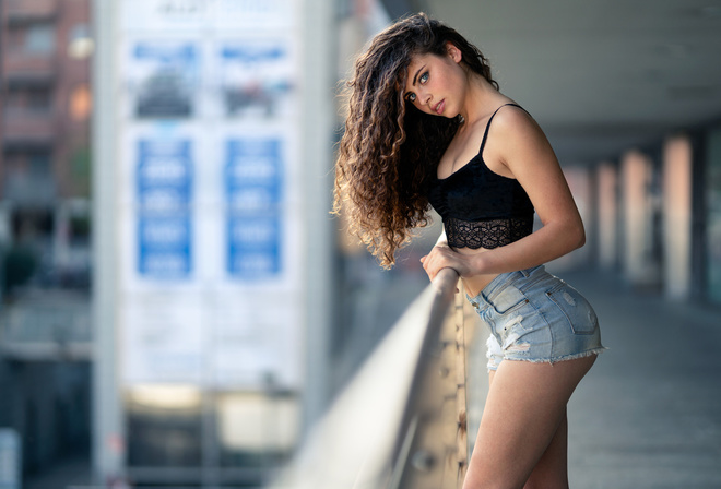 women, jean shorts, ass, Marco Squassina, portrait, building, looking at viewer, blue eyes