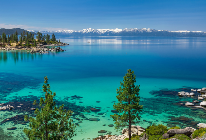 Lake Tahoe, spring, sunny day, blue lake, Sierra Nevada