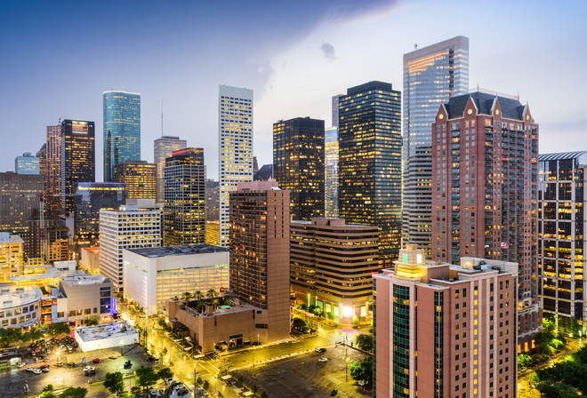 modern buildings, Texas, USA, american cities, America, Houston at evening, HDR, City